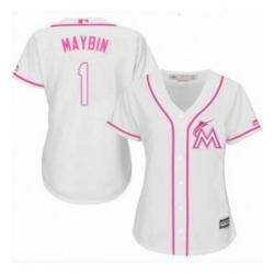 Womens Majestic Miami Marlins 1 Cameron Maybin Replica White Fashion Cool Base MLB Jersey 
