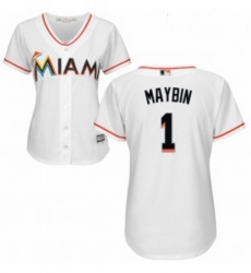 Womens Majestic Miami Marlins 1 Cameron Maybin Replica White Home Cool Base MLB Jersey 