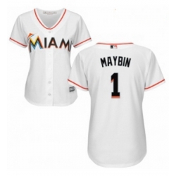 Womens Majestic Miami Marlins 1 Cameron Maybin Replica White Home Cool Base MLB Jersey 