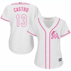 Womens Majestic Miami Marlins 13 Starlin Castro Authentic White Fashion Cool Base MLB Jersey 