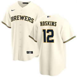 Men Milwaukee Brewers 12 Rhys Hoskins Cream Cool Base Stitched Baseball Jersey