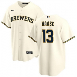 Men Milwaukee Brewers 13 Eric Haase Cream Cool Base Stitched Jersey