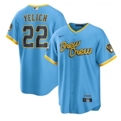 Men Milwaukee Brewers 22 Christian Yelich 2022 Powder Blue City Connect Cool Base Stitched Jersey