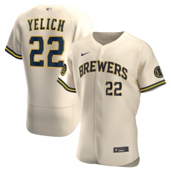 Men Milwaukee Brewers 22 Christian Yelich Men Nike Cream Alternate 2020 Flex Base Player MLB Jersey