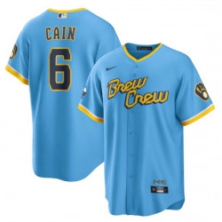 Men Milwaukee Brewers 6 Lorenzo Cain 2022 Powder Blue City Connect Cool Base Stitched Jersey