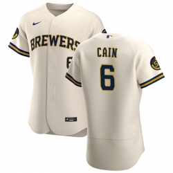 Men Milwaukee Brewers 6 Lorenzo Cain Men Nike Cream Home 2020 Flex Base Player MLB Jersey