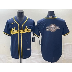 Men Milwaukee Brewers Navy Team Big Logo Cool Base Stitched Jersey