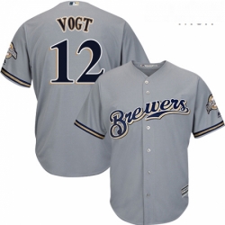 Mens Majestic Milwaukee Brewers 12 Stephen Vogt Replica Grey Road Cool Base MLB Jersey 