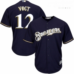 Mens Majestic Milwaukee Brewers 12 Stephen Vogt Replica Navy Blue Alternate Cool Base MLB Jersey 