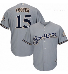 Mens Majestic Milwaukee Brewers 15 Cecil Cooper Replica Grey Road Cool Base MLB Jersey 