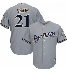 Mens Majestic Milwaukee Brewers 21 Travis Shaw Replica Grey Road Cool Base MLB Jersey