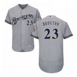 Mens Majestic Milwaukee Brewers 23 Keon Broxton Grey Road Flex Base Authentic Collection MLB Jersey