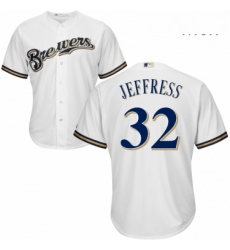 Mens Majestic Milwaukee Brewers 32 Jeremy Jeffress Replica White Alternate Cool Base MLB Jersey 