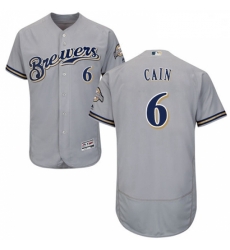 Mens Majestic Milwaukee Brewers 6 Lorenzo Cain Grey Road Flex Base Authentic Collection MLB Jersey