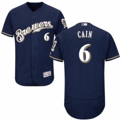Mens Majestic Milwaukee Brewers 6 Lorenzo Cain Navy Blue Alternate Flex Base Authentic Collection MLB Jersey