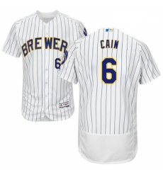 Mens Majestic Milwaukee Brewers 6 Lorenzo Cain White Home Flex Base Authentic Collection MLB Jersey
