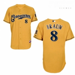 Mens Majestic Milwaukee Brewers 8 Ryan Braun Authentic Gold Cerveceros Cool Base MLB Jersey