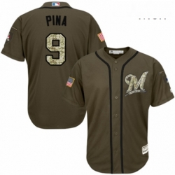 Mens Majestic Milwaukee Brewers 9 Manny Pina Authentic Green Salute to Service MLB Jersey 
