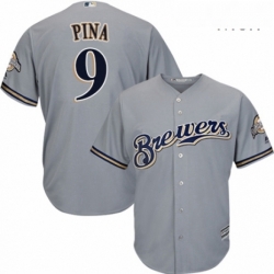 Mens Majestic Milwaukee Brewers 9 Manny Pina Replica Grey Road Cool Base MLB Jersey 