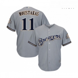 Mens Milwaukee Brewers 11 Mike Moustakas Replica Grey Road Cool Base Baseball Jersey 