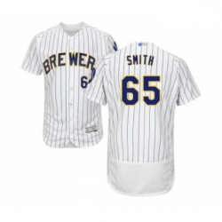 Mens Milwaukee Brewers 65 Burch Smith White Home Flex Base Authentic Collection Baseball Jersey