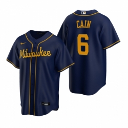Mens Nike Milwaukee Brewers 6 Lorenzo Cain Navy Alternate Stitched Baseball Jersey
