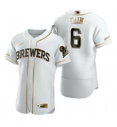 Milwaukee Brewers 6 Lorenzo Cain White Nike Mens Authentic Golden Edition MLB Jersey
