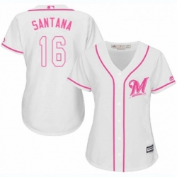 Womens Majestic Milwaukee Brewers 16 Domingo Santana Authentic White Fashion Cool Base MLB Jersey 