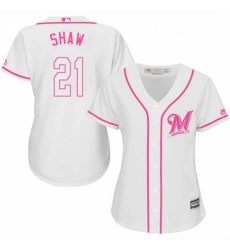 Womens Majestic Milwaukee Brewers 21 Travis Shaw Replica White Fashion Cool Base MLB Jersey