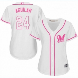 Womens Majestic Milwaukee Brewers 24 Jesus Aguilar Authentic White Fashion Cool Base MLB Jersey 