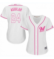 Womens Majestic Milwaukee Brewers 24 Jesus Aguilar Replica White Fashion Cool Base MLB Jersey 