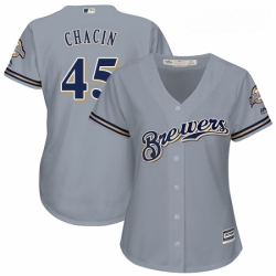 Womens Majestic Milwaukee Brewers 45 Jhoulys Chacin Replica Grey Road Cool Base MLB Jersey 