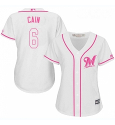 Womens Majestic Milwaukee Brewers 6 Lorenzo Cain Replica White Fashion Cool Base MLB Jersey 