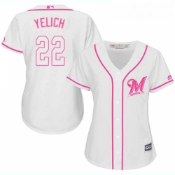 Womens Milwaukee Brewers 22 Christian Yelich White Pink Fashion Stitched MLB Jersey 