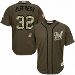 Youth Majestic Milwaukee Brewers 32 Jeremy Jeffress Authentic Green Salute to Service MLB Jersey 