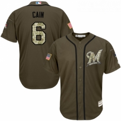 Youth Majestic Milwaukee Brewers 6 Lorenzo Cain Replica Green Salute to Service MLB Jersey 
