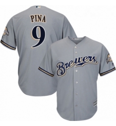 Youth Majestic Milwaukee Brewers 9 Manny Pina Replica Grey Road Cool Base MLB Jersey 