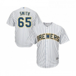 Youth Milwaukee Brewers 65 Burch Smith Replica White Home Cool Base Baseball Jersey 