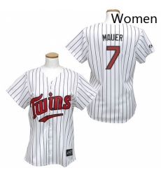 Womens Majestic Minnesota Twins 7 Joe Mauer Authentic WhiteBlue Strip MLB Jersey