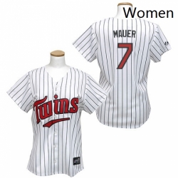 Womens Majestic Minnesota Twins 7 Joe Mauer Authentic WhiteBlue Strip MLB Jersey
