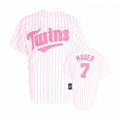 Womens Majestic Minnesota Twins 7 Joe Mauer Authentic WhitePink Strip MLB Jersey