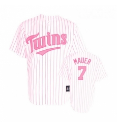 Womens Majestic Minnesota Twins 7 Joe Mauer Replica WhitePink Strip MLB Jersey