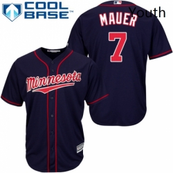 Youth Majestic Minnesota Twins 7 Joe Mauer Authentic Navy Blue Alternate Road Cool Base MLB Jersey