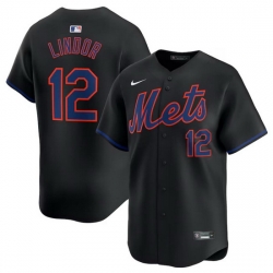 Men New York Mets 12 Francisco Lindor Black Alternate Limited Stitched Baseball Jersey