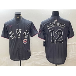 Men New York Mets 12 Francisco Lindor Graphite 2024 City Connect Limited Stitched Baseball Jersey 1