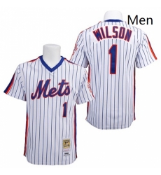 Mens Mitchell and Ness New York Mets 1 Mookie Wilson Replica WhiteBlue Strip Throwback MLB Jersey