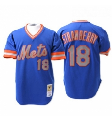 Mens Mitchell and Ness New York Mets 18 Darryl Strawberry Replica Blue Throwback MLB Jersey