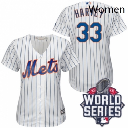 Womens Majestic New York Mets 33 Matt Harvey Replica WhiteBlue Strip 2015 World Series MLB Jersey