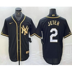 Men New York Yankees 2 Derek Jeter Black Gold Cool Base Stitched Baseball Jersey