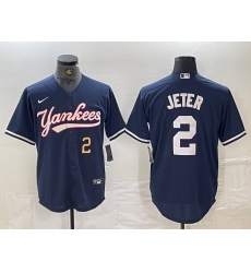 Men New York Yankees 2 Derek Jeter Number Navy Cool Base Stitched Baseball Jersey